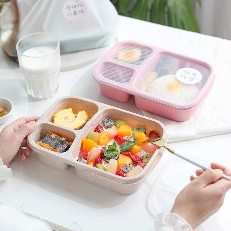Khay Đựng Cơm Đựng Đồ Ăn 3 Ngăn Có Nắp Đậy Chất Liệu Lúa Mạch