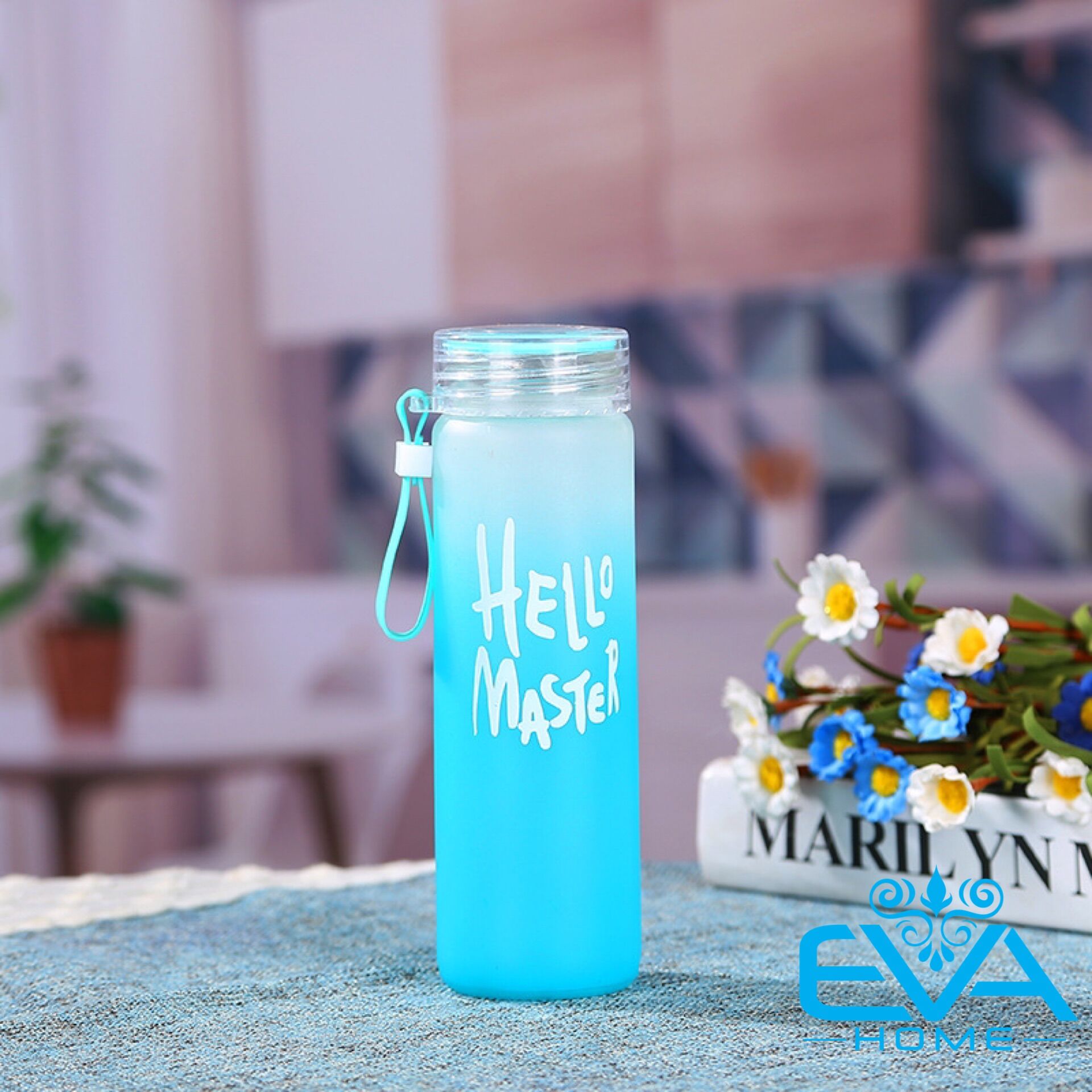 [HCM]Bình Nước Thủy Tinh In Chữ Hello Master 480ML có dây xách