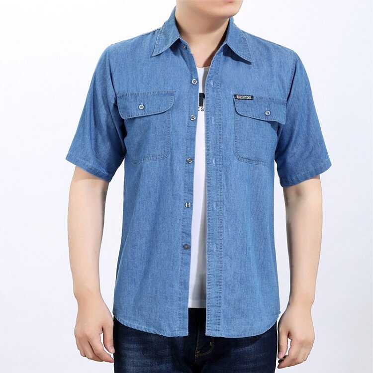 Áo Sơ Mi Denim Cotton Nguyên Chất Mùa Hè Tay Ngắn Dáng Rộng Cho Nam Áo Sơ Mi Công Sở Mỏng Thời Trang