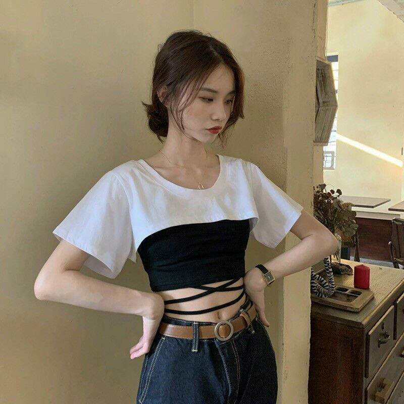 SÉT ÁO KIỂU NỮ (2MÓN)# ÁO THUN NGOÀI CROPTOP# ÁO TAY NGẮN# ÁO 2 DÂY PHÍA TRONG CÓ DÂY CỘT BỤNG CỰC XINH# ÁO KIỂU THỜI TRANG# FORM TỪ 38KG ĐẾN 45KG