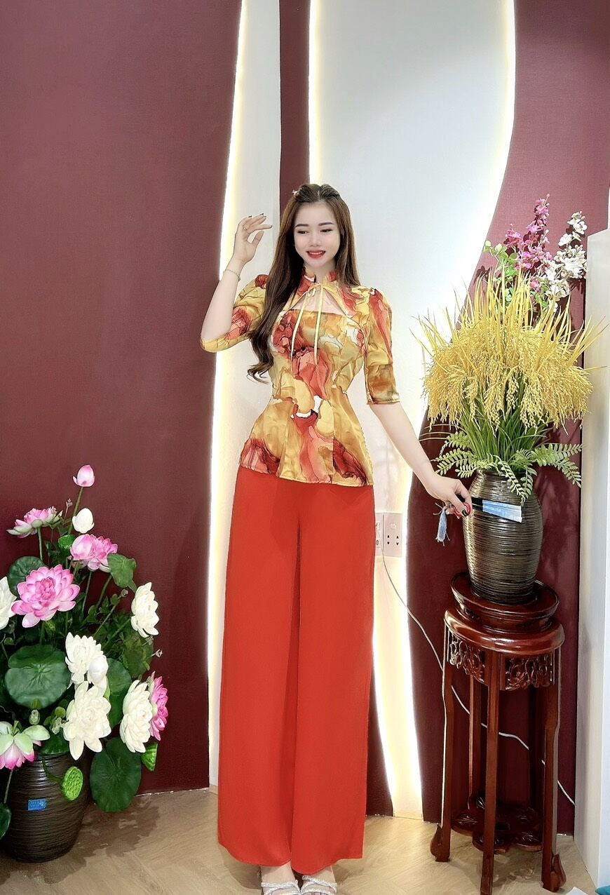 ( Miễn phí ship) Set bà ba màu loang cổ thắt nơ xinh lụa mango hồng ngọc