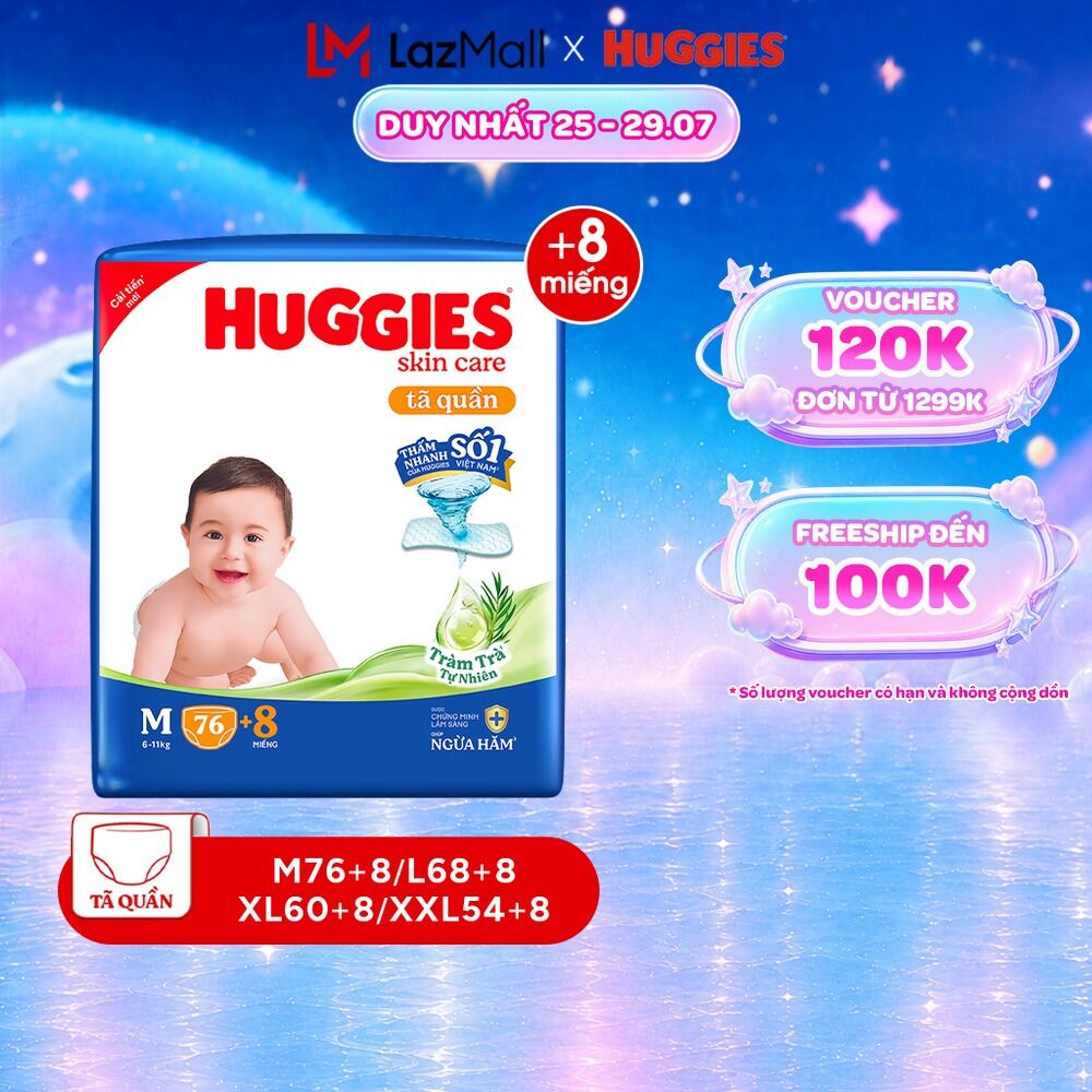 Tã/bỉm quần HUGGIES SKINCARE gói M76+8/L68/XL60/XXL54