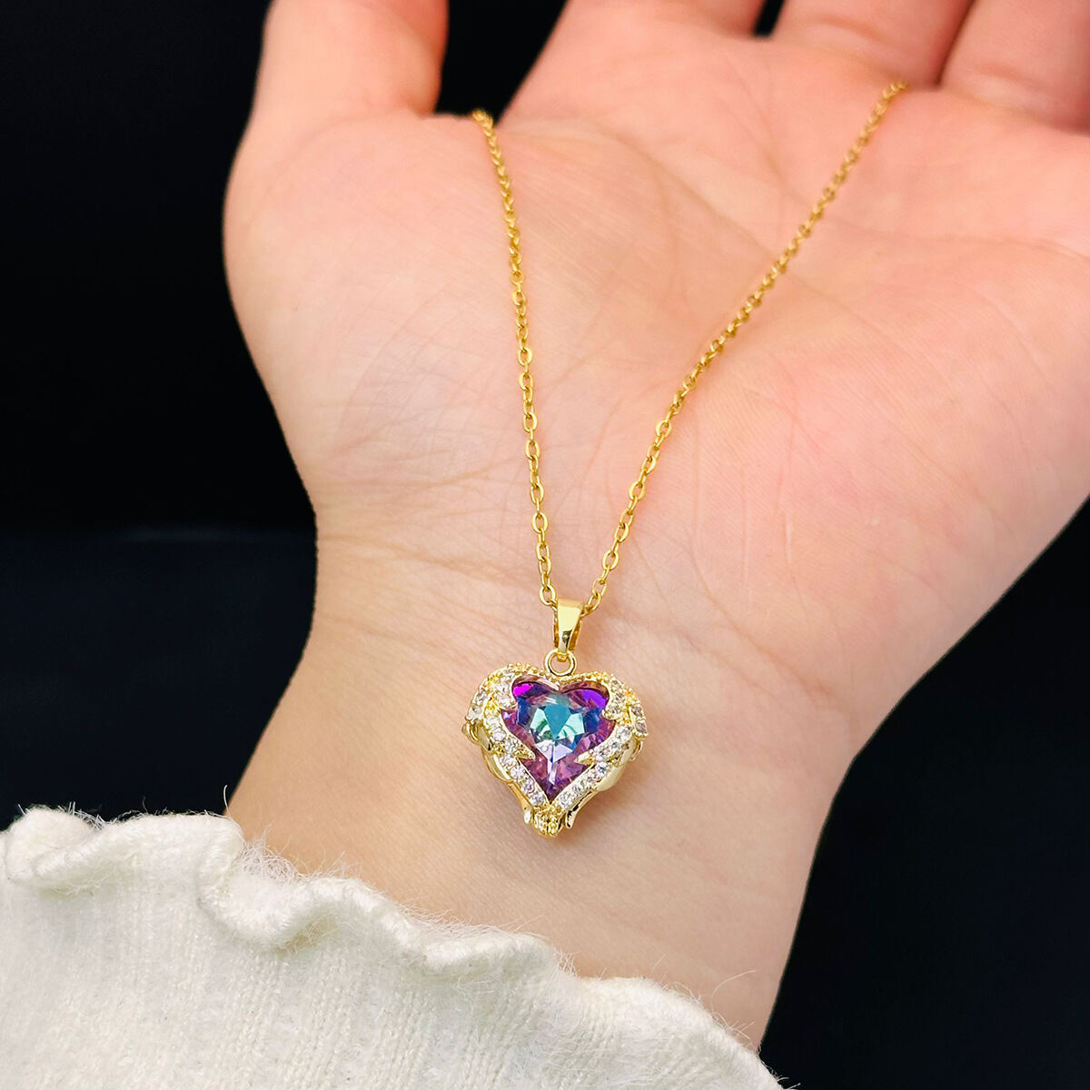 Vòng Cổ Trái Tim Đại Dương Nữ Mặt Dây Chuyền Pha Lê Đầy Màu Sắc Hình Trái Tim Tình Yêu Mạ Thép Titan