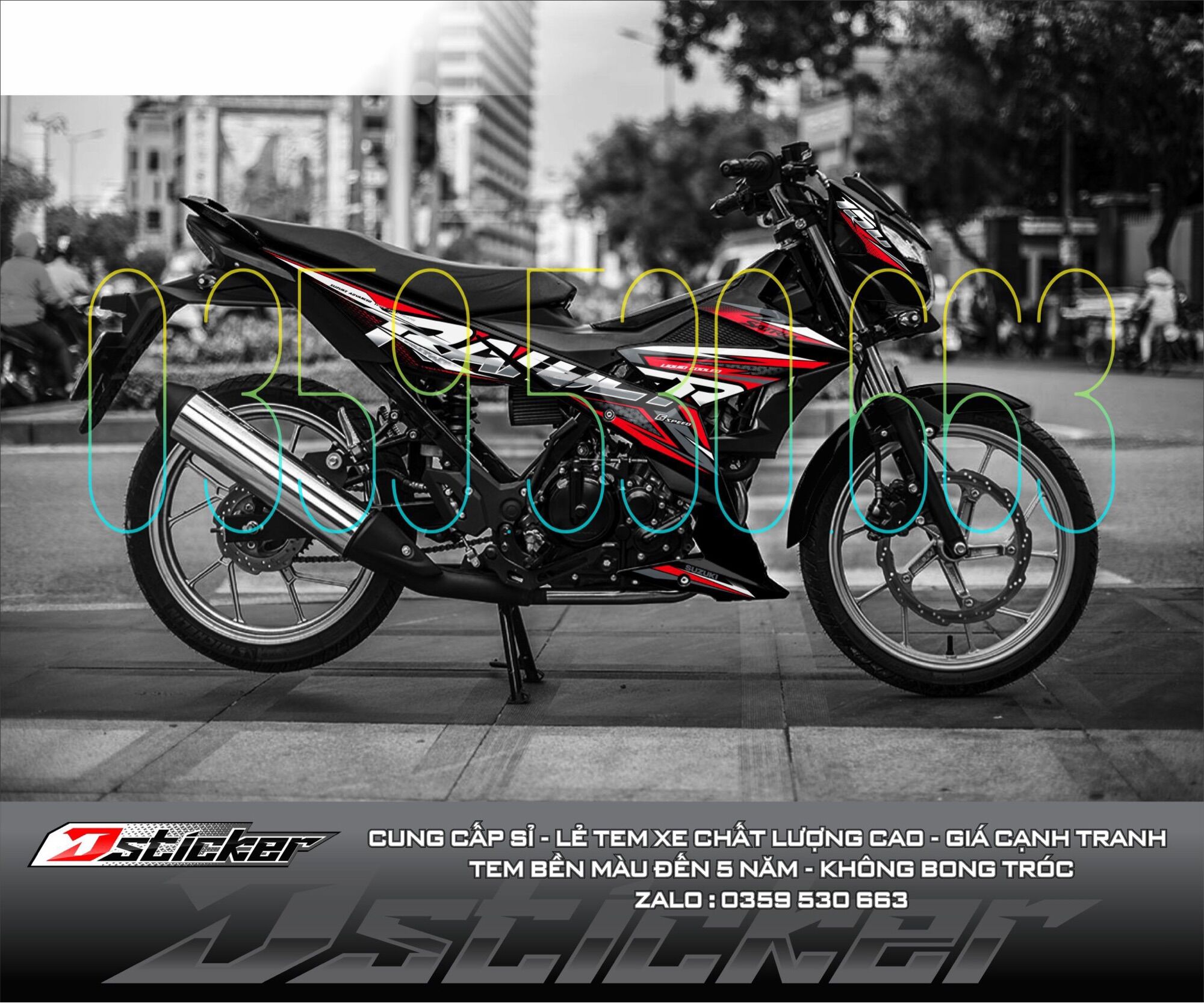 TEM RỜI RAIDER - tem đỏ dán xe đen - mẫu mới 2021