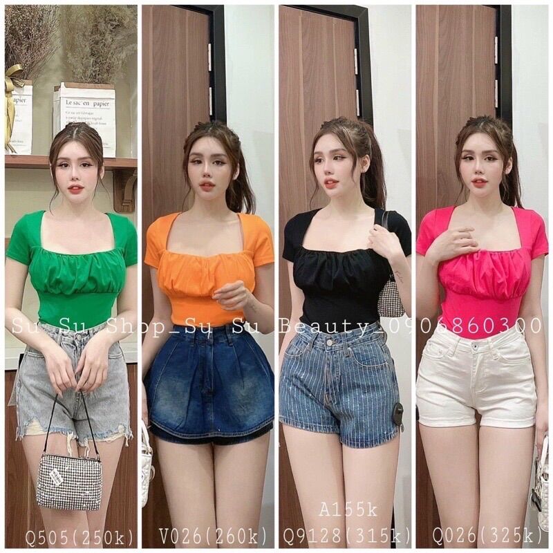 Áo thô cổ vuông rúm ngực nhiều màu