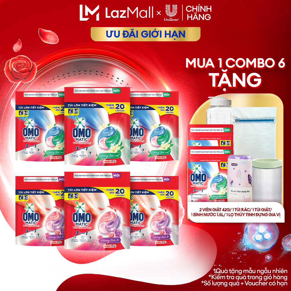 Combo 6/10 túi viên giặt tiện lợi OMO 3 trong 1 (30-50 viên/túi) (bao bì tùy lô nhập hàng)