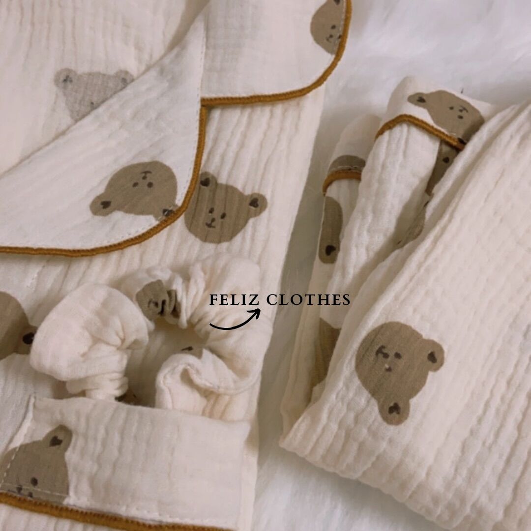 Pyjama xô muslin gấu cute (full bộ)