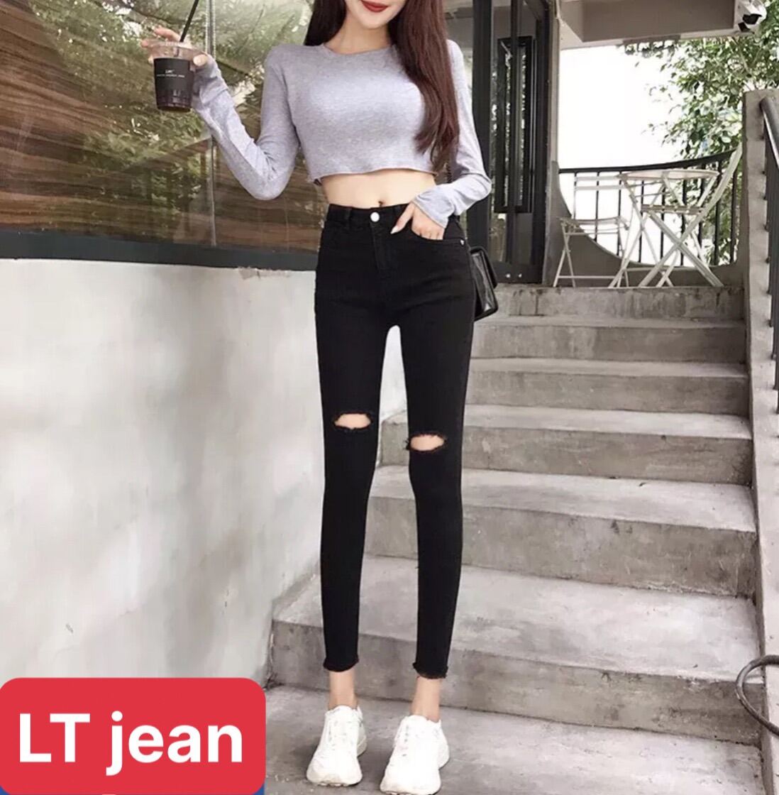 Quần jean nữ đen co size đại·· rách gối 2 bên chất bò co dãn fom nâng mông tôn dáng