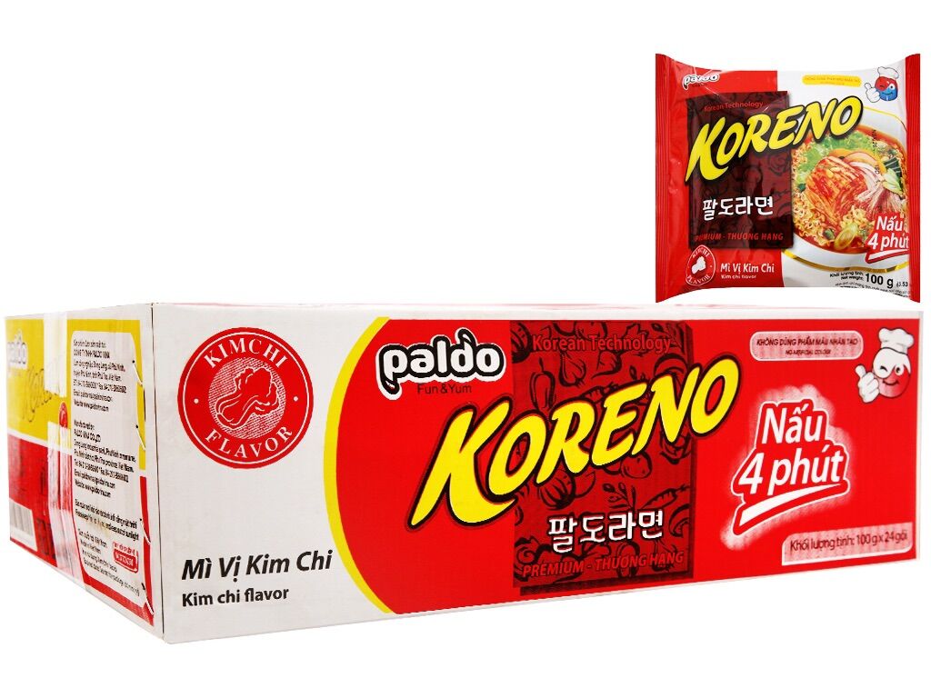 [ Thùng 24 Gói ] - Mì Koreno 100gr Đủ Vị ( Kimchi , Bò Cay , Tôm , Gà , Bò ) - Mì Ăn Liền Hàn Quốc Koreno
