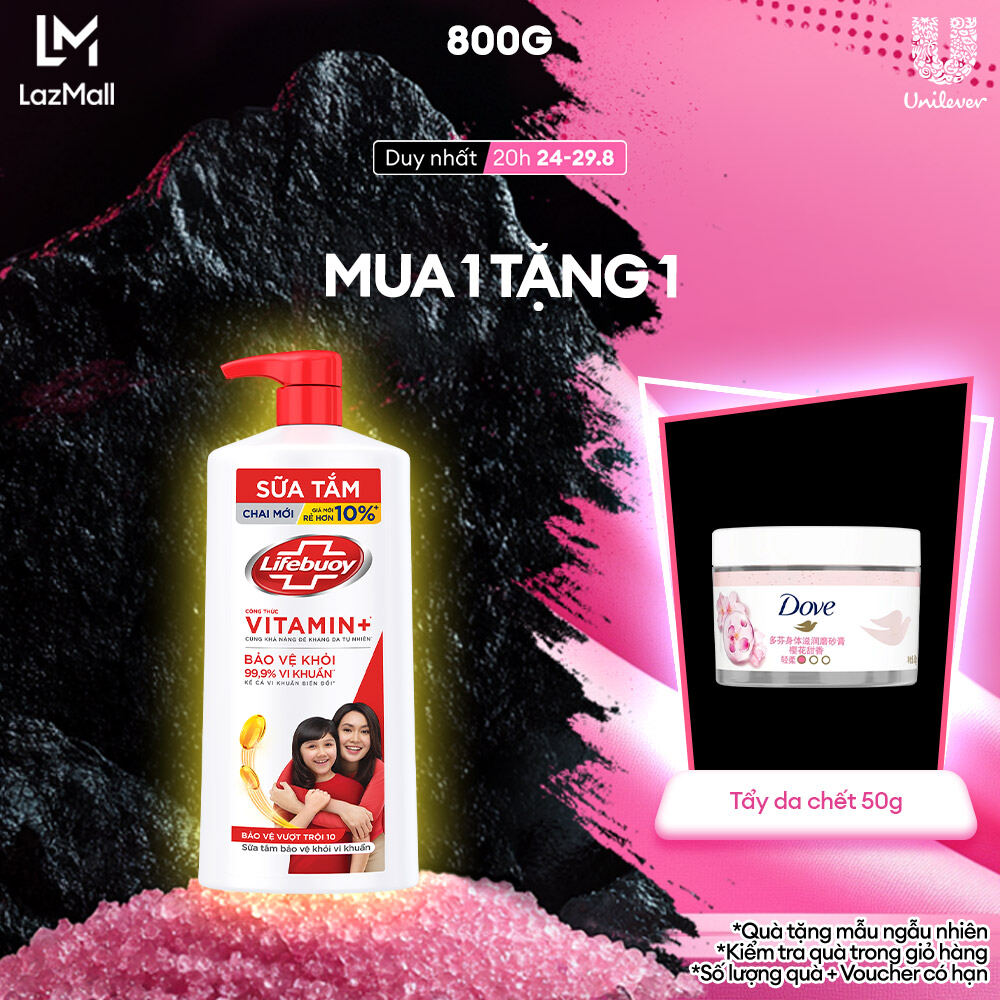 Sữa tắm Lifebuoy 800g Bảo vệ vượt trội 10 giúp bảo vệ khỏi 99.9% vi khuẩn và ngăn ngừa vi khuẩn lây lan trên da hiệu quả (Chai)