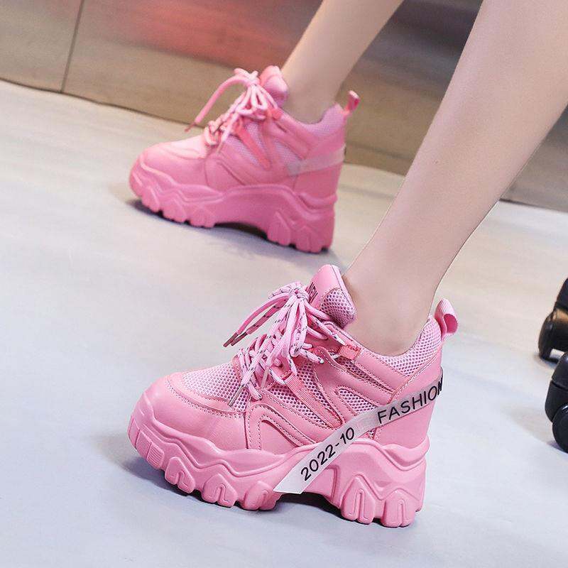 Giày Chunky Sneaker Độn Cao Bên Trong Giày Thể Thao Màu Hồng Thường Ngày Bánh Xốp Đế Dày Thân Hình Nhỏ 12 Cm Mẫu Mới Mùa Xuân 2022 Cho Nữ