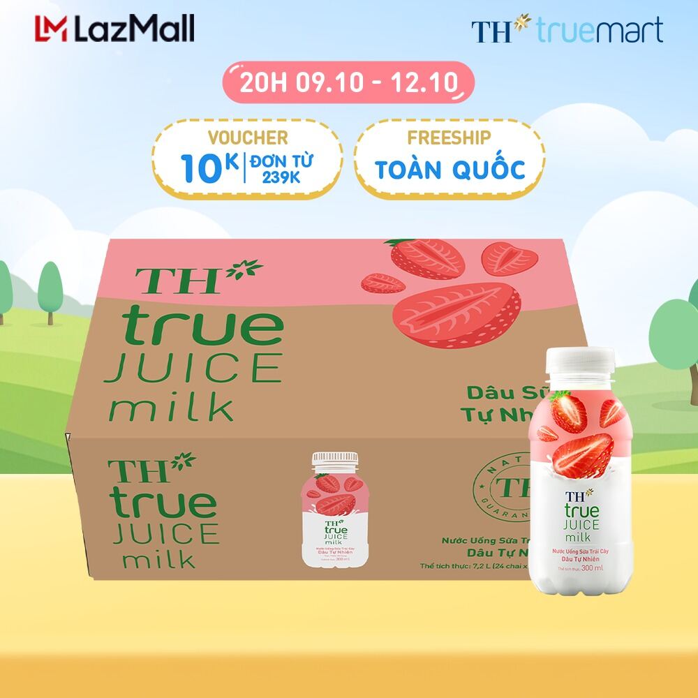 Thùng 24 chai nước uống sữa trái cây TH true JUICE milk dâu tự nhiên 300 ml (300 ml x 24)