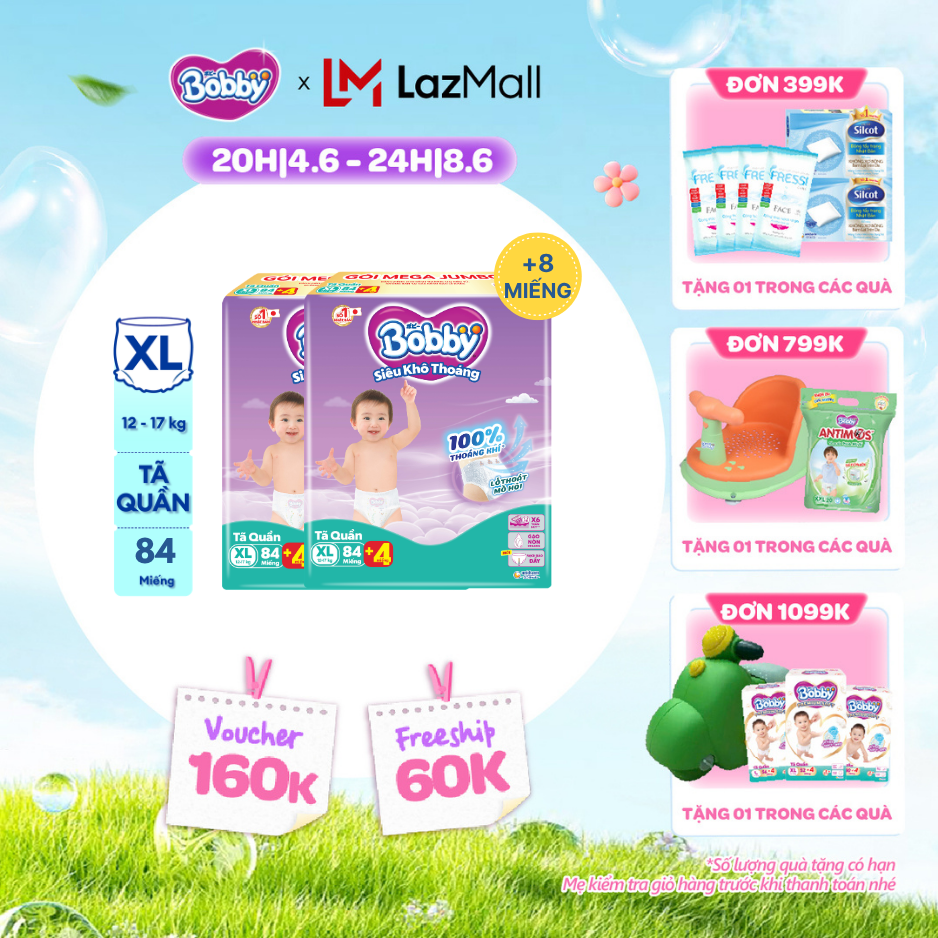 [QUÀ TẶNG HẤP DẪN TỪ 9-10.6][TẶNG MIẾNG NGẪU NHIÊN] Combo 2 Tã/bỉm quần Bobby 3mm Mega Jumbo Siêu khô thoáng XL84