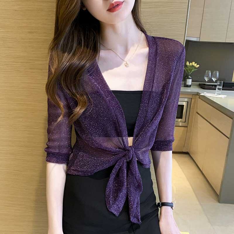 Áo Chống Nắng Áo Choàng Vai Áo Khoác Nhỏ Hai Dây Phối Bên Ngoài Mẫu Mỏng Cardigan Voan Lưới Rộng Rãi Có Dây Sợi Sáng Mẫu Mới Mùa Hè Cho Nữ Sành Điệu