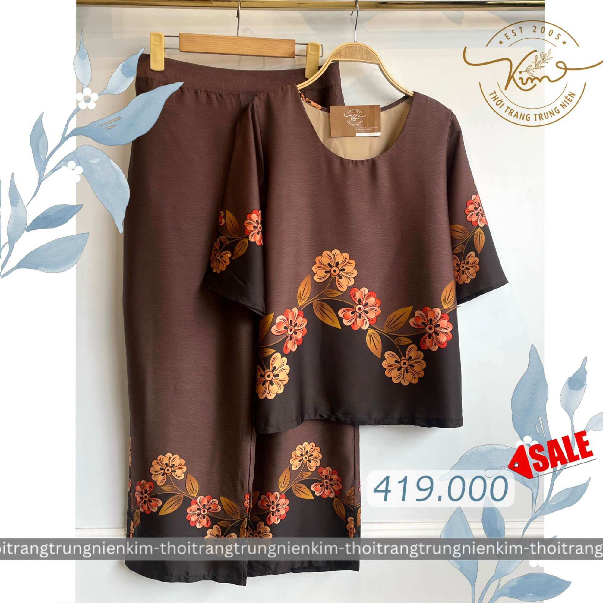 Sét bộ lụa trung niên cao cấp hoa văn hoạ tiết đơn giản xinh xắn Bigsize quần dài 90cm