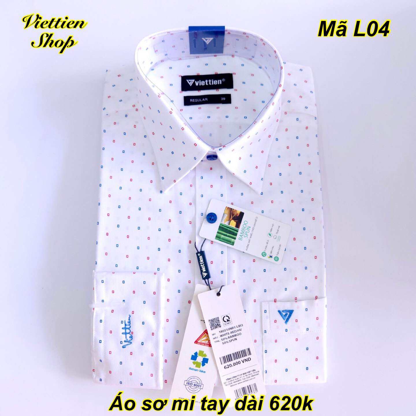Áo sơ mi việt tiến tay dài châm bi nền trắng