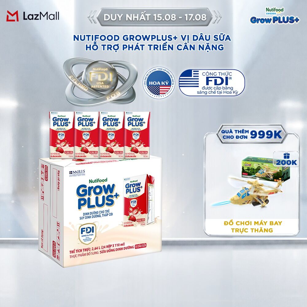 Thùng 24 hộp Sữa bột pha sẵn Nutifood GrowPLUS+ Vị Dâu Sữa hộp 110ml - Hỗ trợ phát triển cân nặng - (24 hộp x 110ml)