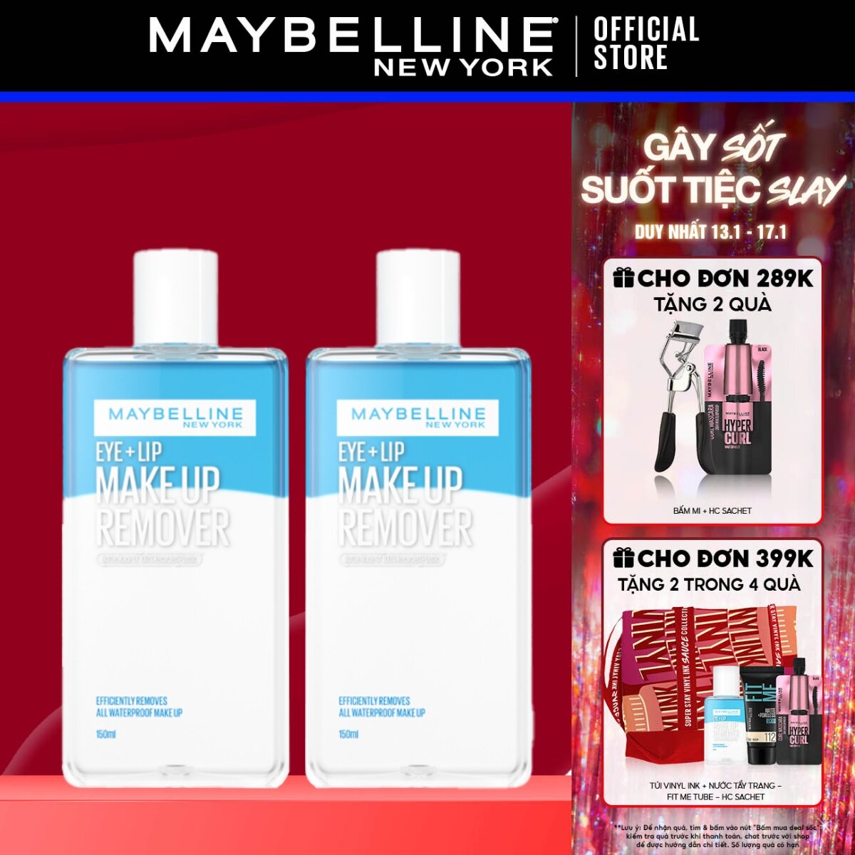 Bộ 2 Chai Nước Tẩy Trang Mắt và Môi Chuyên Dụng 2 lớp Maybelline New York Eye & Lip Makeup Remover 150ml