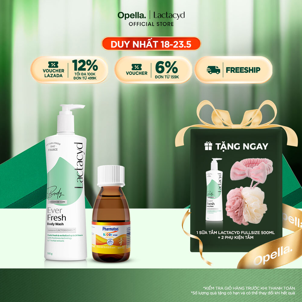 Bộ 1 Sữa tắm Lactacyd Ever Fresh mang lại làn da thơm mát và tràn đầy sức sống đến 24 giờ + 1 Siro Pharmaton Kiddi 100ml giúp xương chắc khỏe, hỗ trợ sự phát triển toàn diện của trẻ nhờ bổ sung Lysine, Canxi và các Vitamin cần thiết cho trẻ
