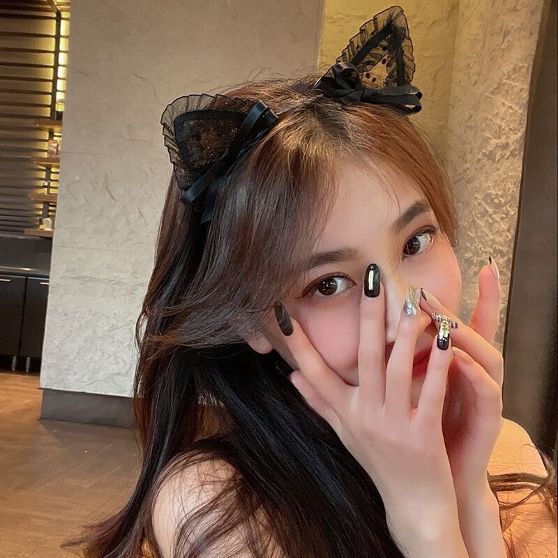 Cài tóc tai mèo viền ren chấm bi dễ thương