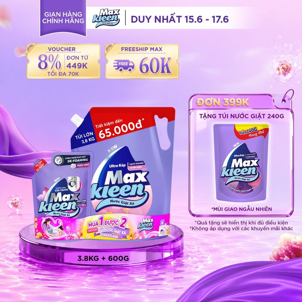 Combo Nước giặt xả MaxKleen Hương Hoa Nắng: 1 Túi 3.8kg + 1 Túi 600g