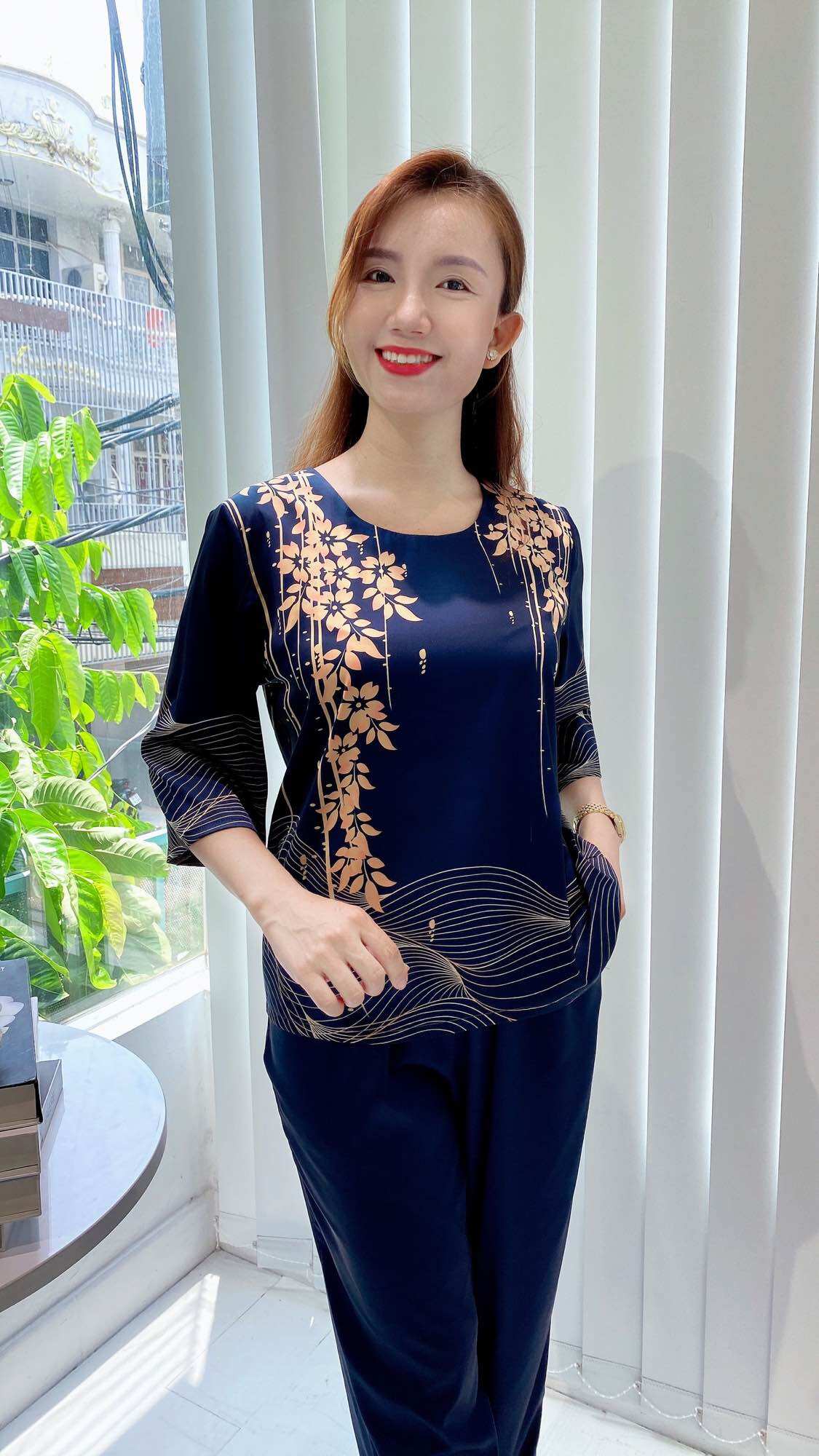 Đồ bộ trung niên cao cấp, lụa latin, quần dài tay lỡ