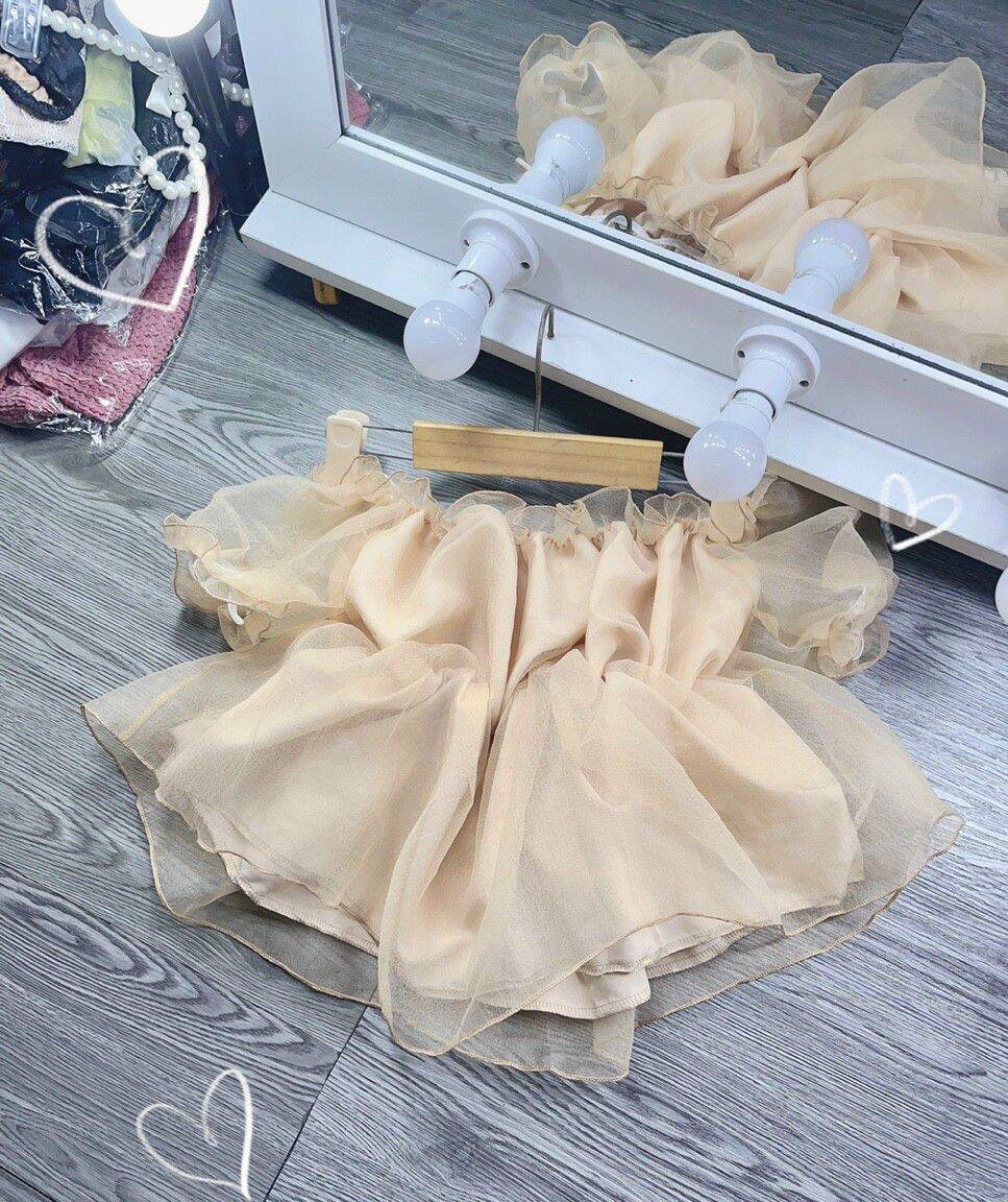 Áo trễ vai nhún voan tiểu thư