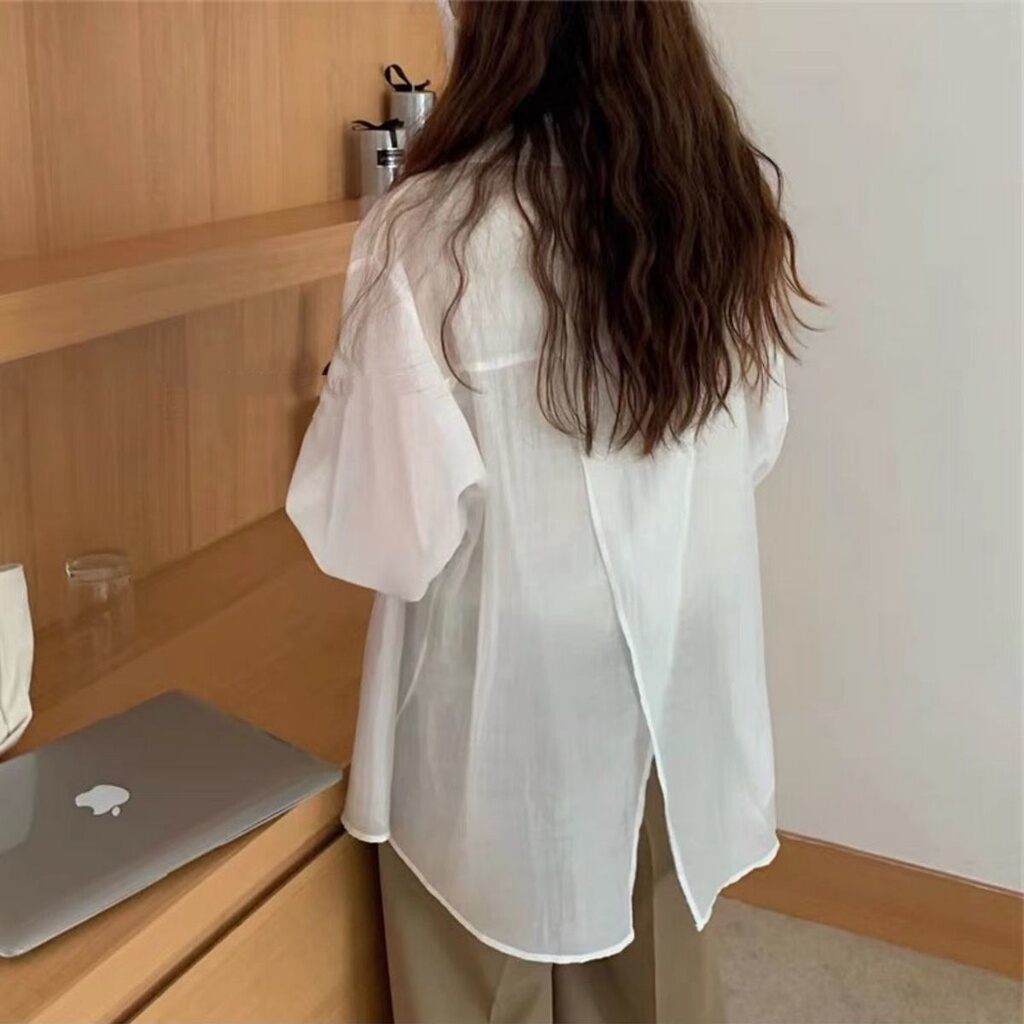 Áo sơ mi tay dài dáng rộng màu trơn xẻ tà sau lưng thời trang mùa hè cho nữ