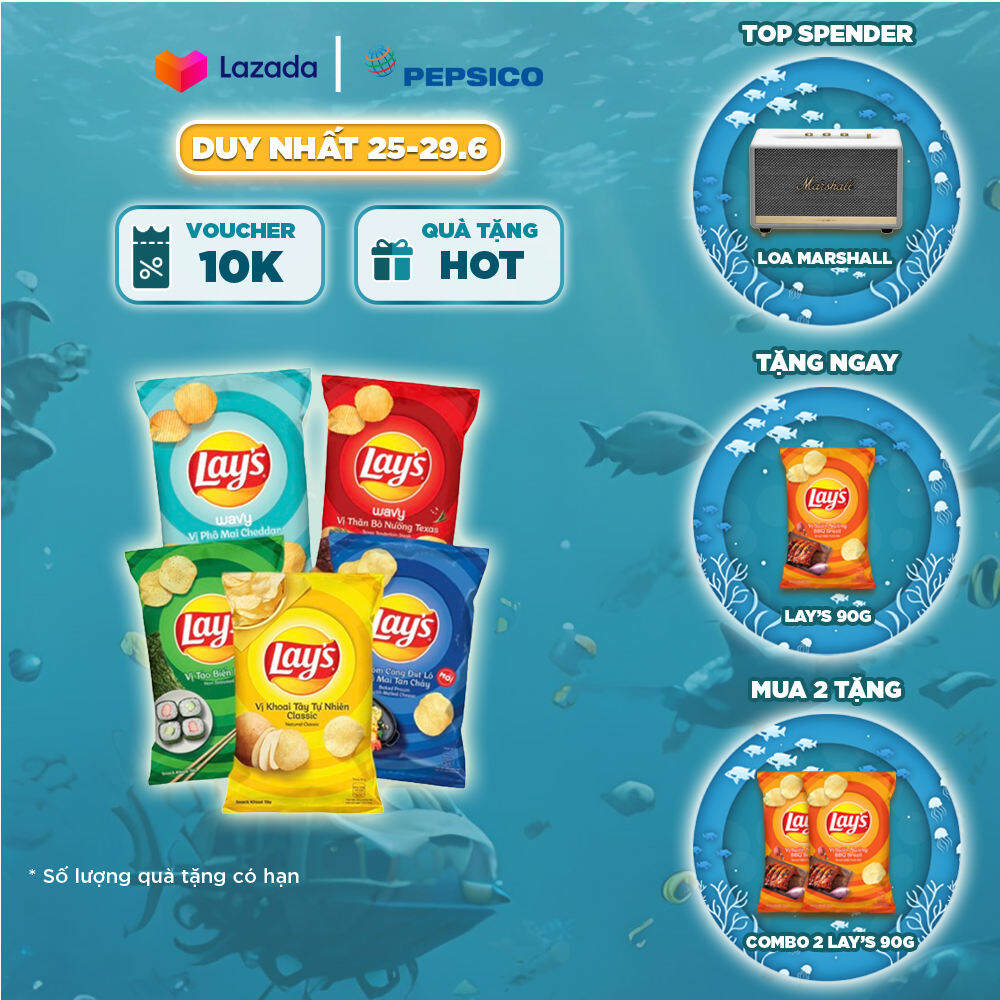 Combo 5 Lay's Tự nhiên 90g, Tảo Biển 90G, Phô Mai Cheddar 90G, Tôm Càng Phô Mai 90g, Bò Nướng Texas 90g