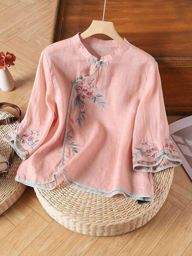 Áo Sơ Mi Cổ Đứng Hiện Đại Trung Quốc Cotton Linen Thêu Tay 3/4 Tay