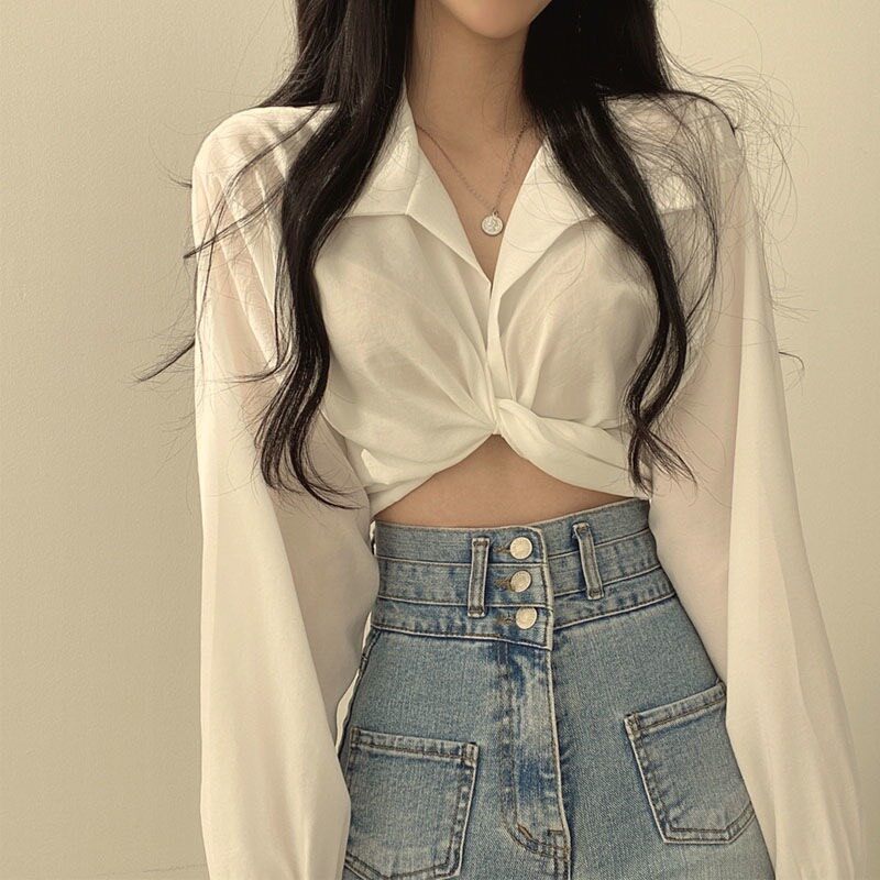 Áo sơ mi lụa croptop cách điệu siêu xinh dành cho phái nữ