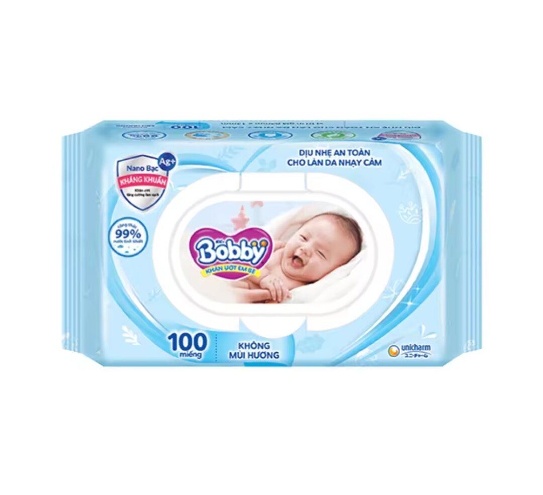Khăn Ướt Bobby Care Không Mùi - 100 tờ/gói (Xanh)