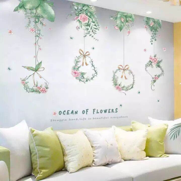DECAL DÁN TƯỜNG LÁ GIỎ TREO HOA
