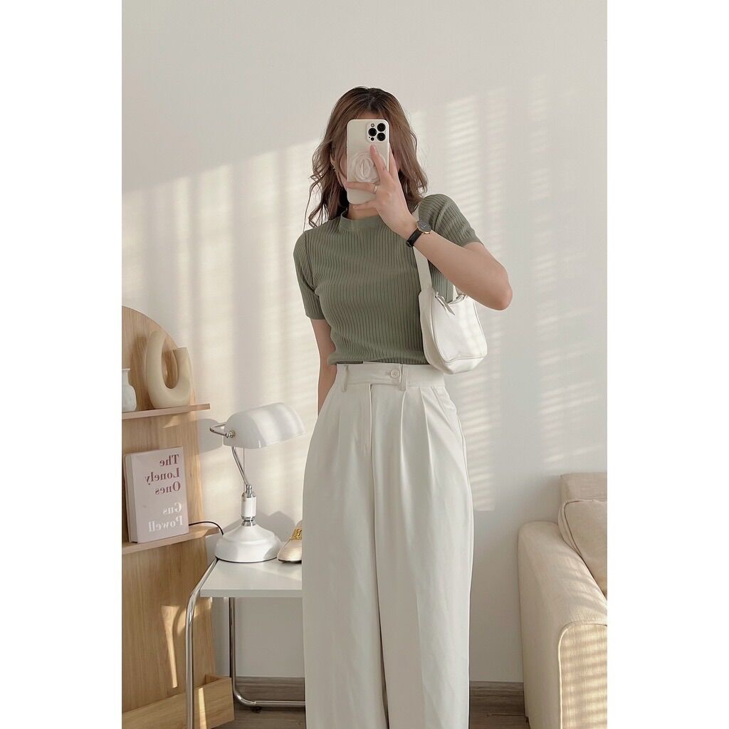 Áo len tăm trơn cộc tay cổ tròn basic dáng ôm - Lumii