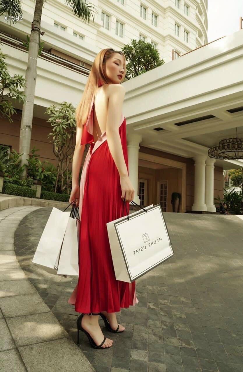 Đầm maxi dập ly cổ yếm phối màu hở lưng ,freesize