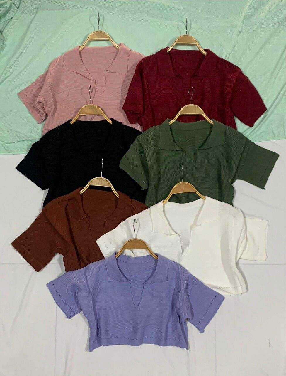 💥Áo len croptop cộc tay cổ bẻ dáng thụng
