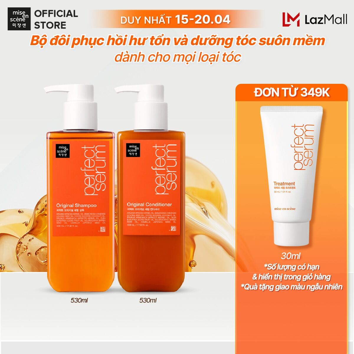 Bộ đôi Gội-Xả mise en scene Perfect Serum Original phục hồi hư tổn, giúp tóc suôn mềm, bồng bềnh 530ml/chai