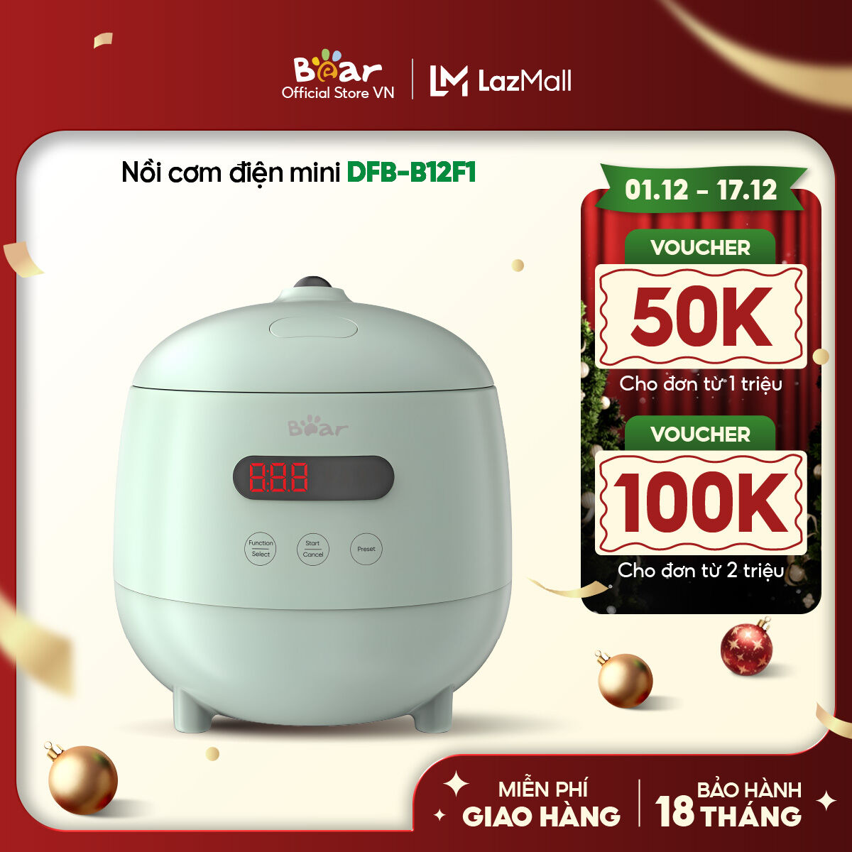  Nồi Cơm Điện Mini Đa Năng 0.3L  1 người ăn  Bear DFB-B12F1 -  Xanh - Bảo hành 18 tháng 