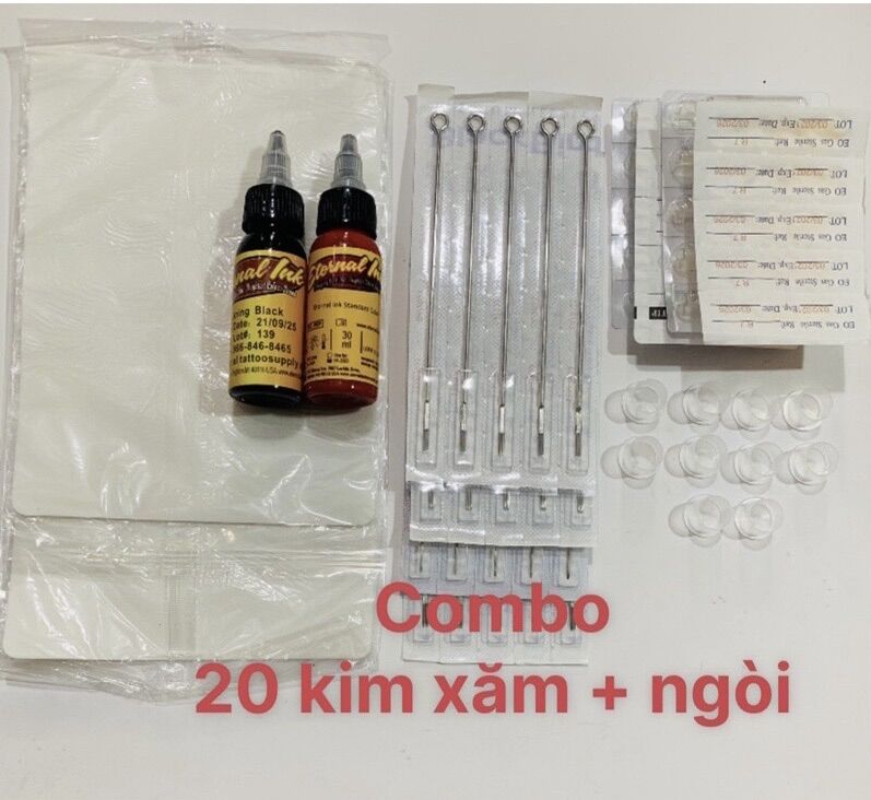 Combo 20 kim xăm + ngòi + 2 mực xăm + 2 da tập xăm