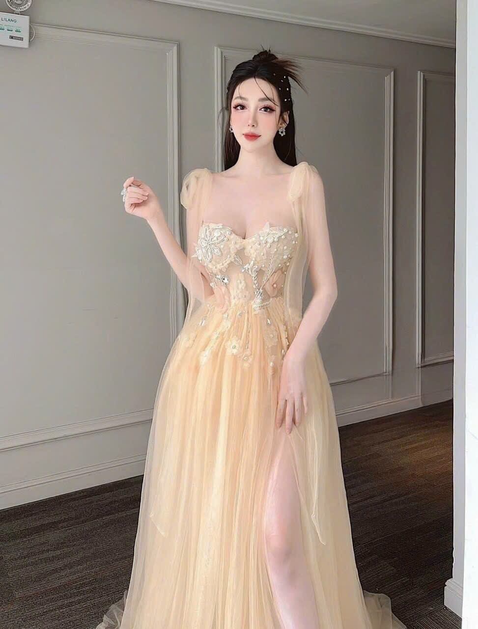 ĐẦM MAXI NƠ VAI ĐÍNH HOA 3D kèm ảnh thật