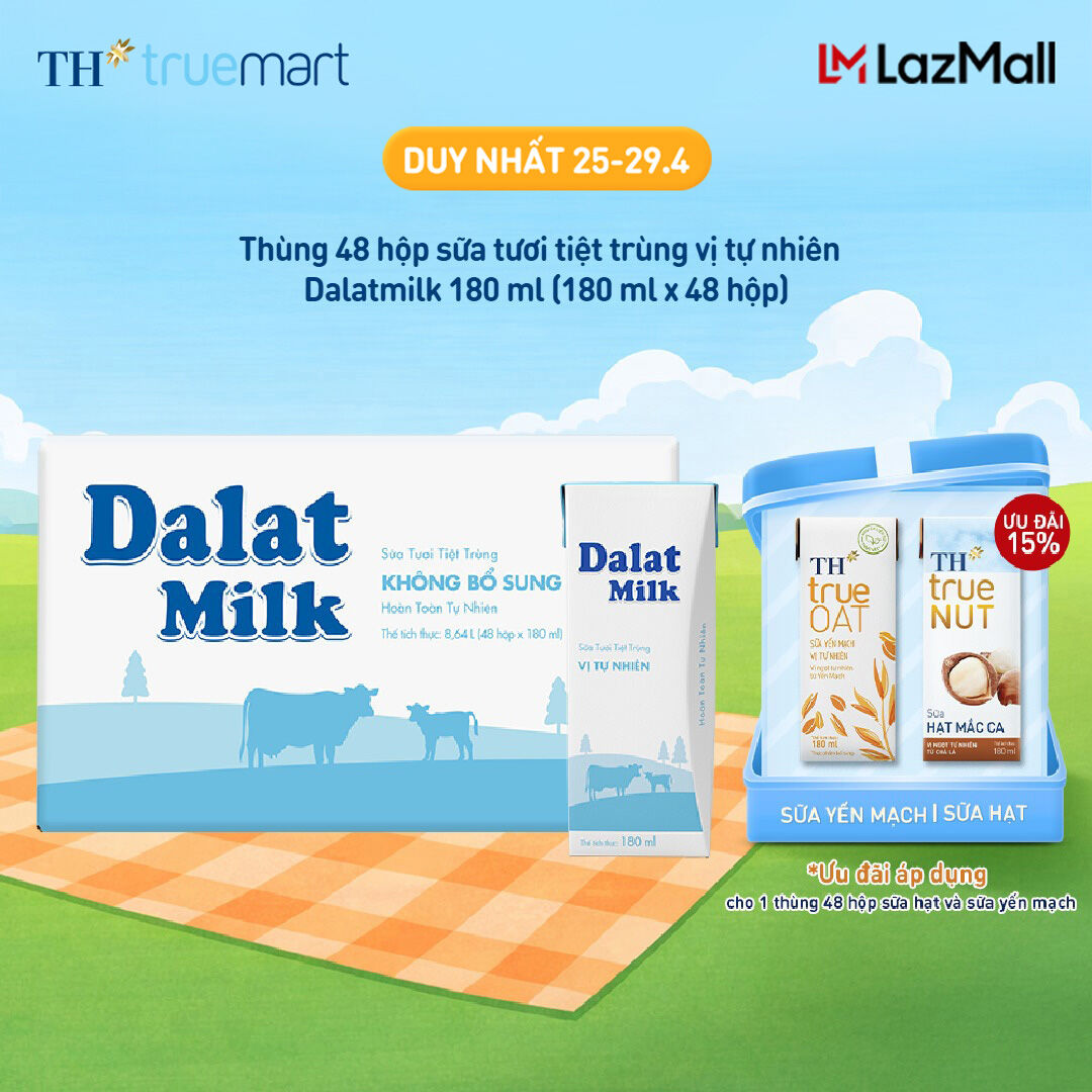 Thùng 48 hộp sữa tươi tiệt trùng Dalatmilk vị tự nhiên 180 ml (180 ml x 48)