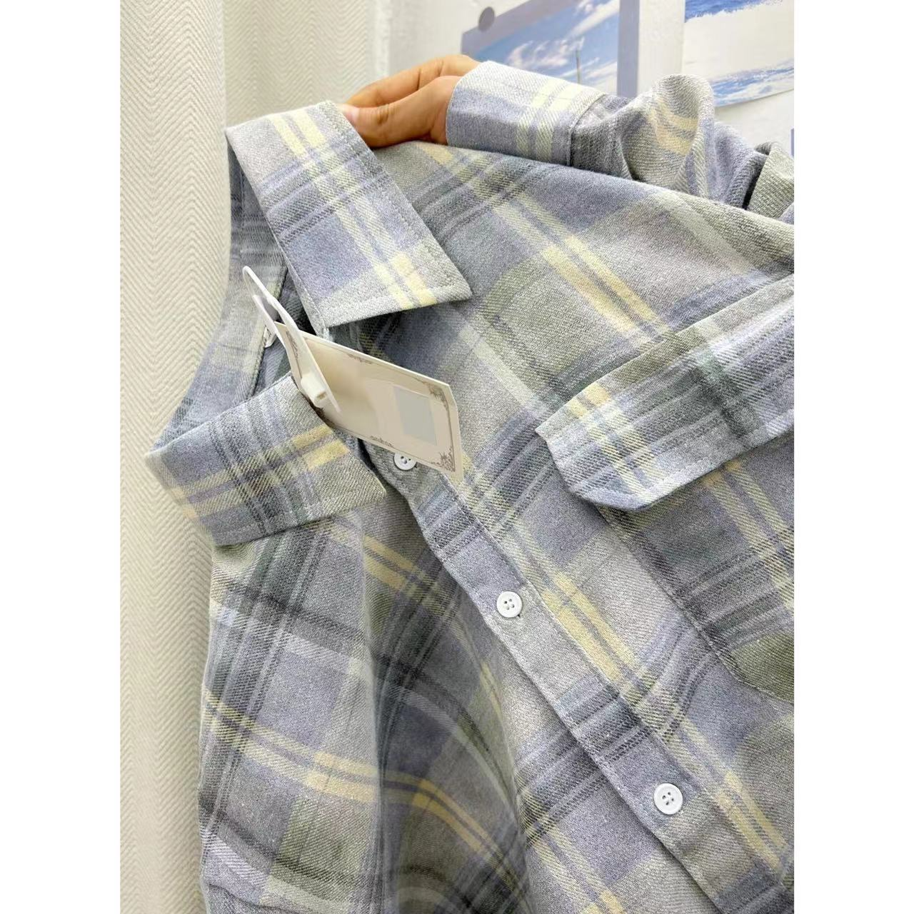 Áo Sơ Mi Cotton Kẻ Caro Màu Xanh Lá Cây Mùa Thu 2024 Áo Sơ Mi Dài Tay Thường Ngày Dáng Rộng Thoải Má