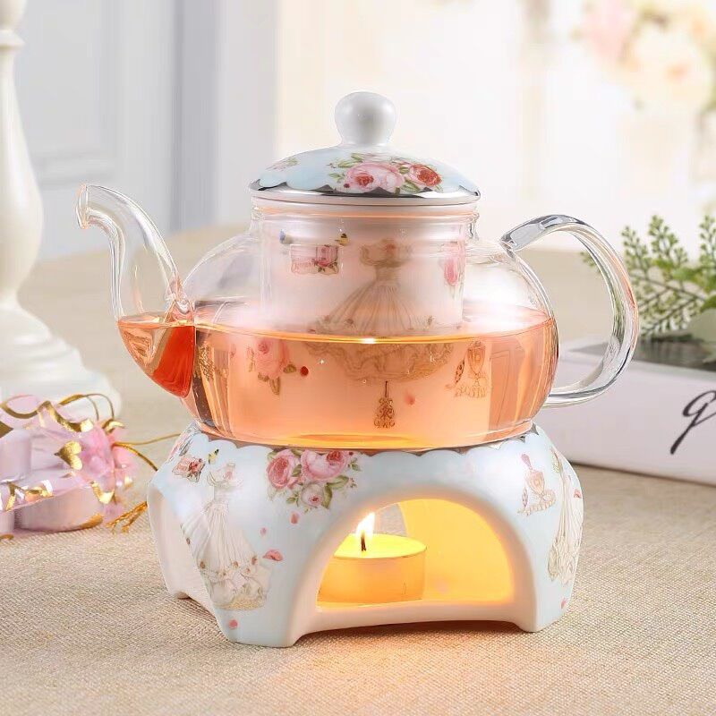 Bộ ấm chén đun nến pha trà màu xanh nhạt cao cấp