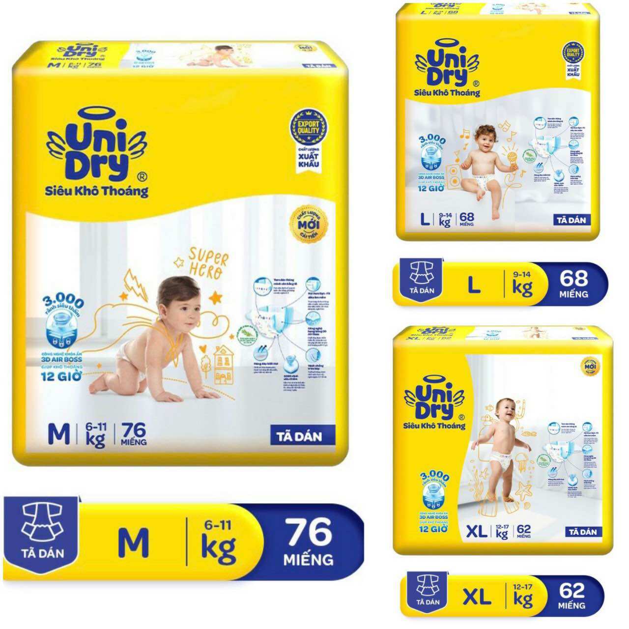 Tã Quần UniDry Gói Siêu Đại M76/L68/XL60/XXL54