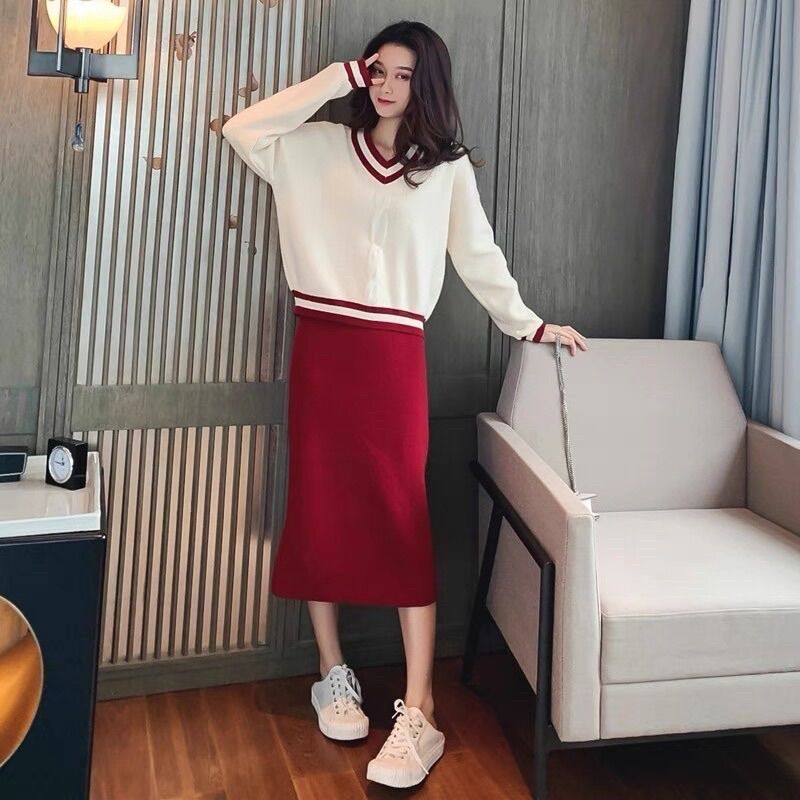 Set ao len đan + chân váy len cao cấp