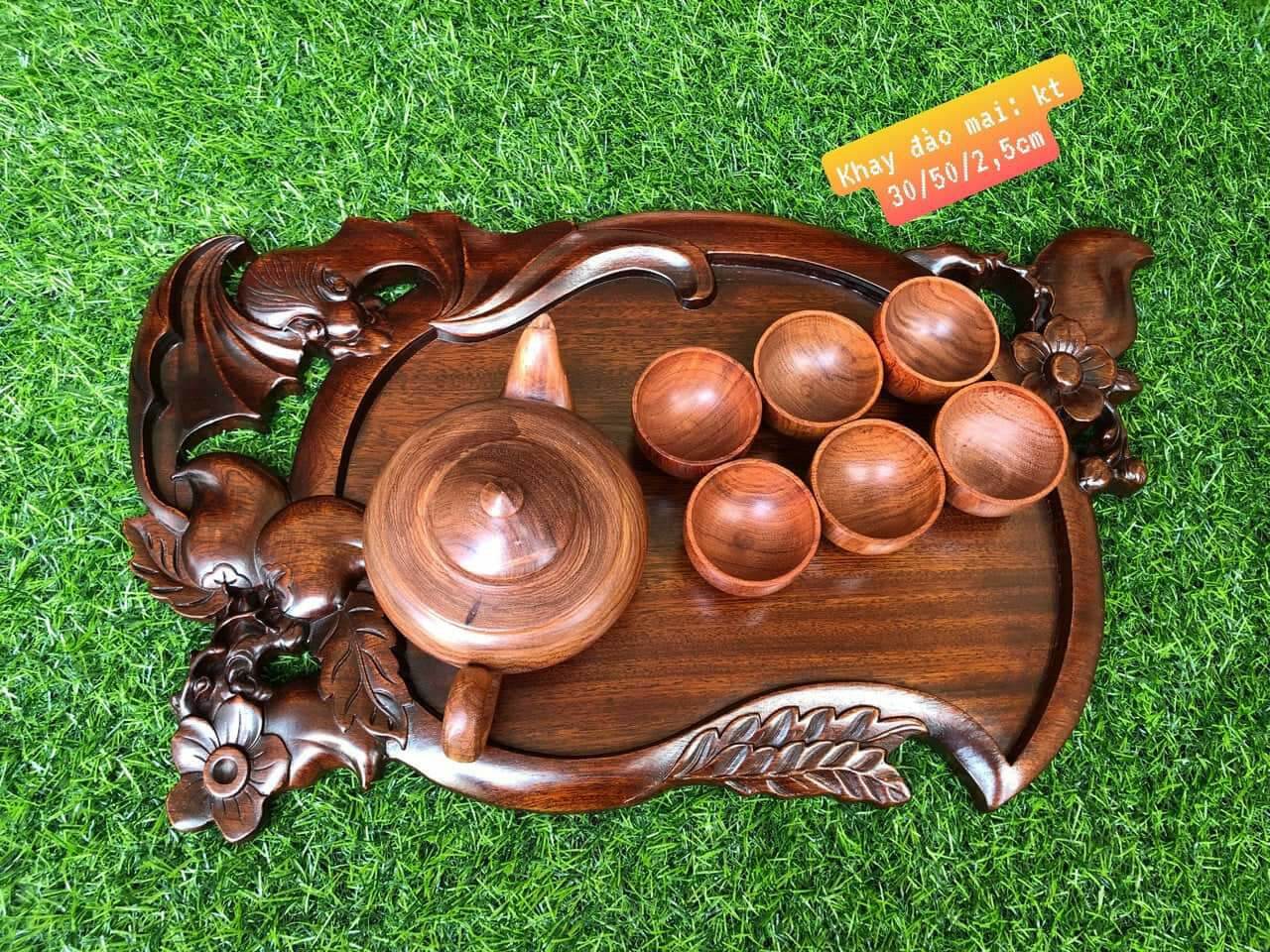 Khay trà mai đào gỗ gụ 50x30cm