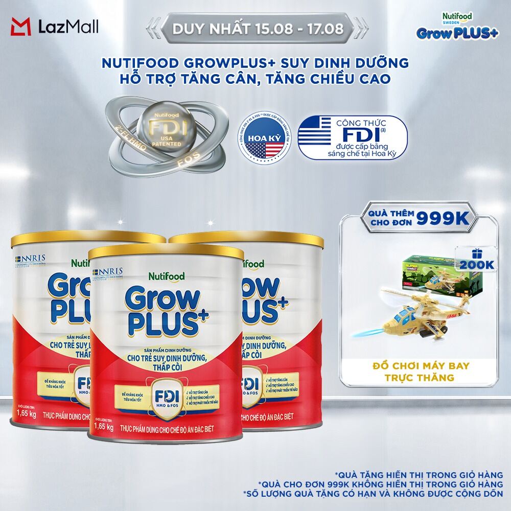 Combo 3 Sữa bột Nutifood GrowPLUS+ Suy Dinh Dưỡng (Đỏ) - Hỗ Trợ Tăng Cân, Tăng Chiều Cao ( 3 Lon 1,65 Kg)