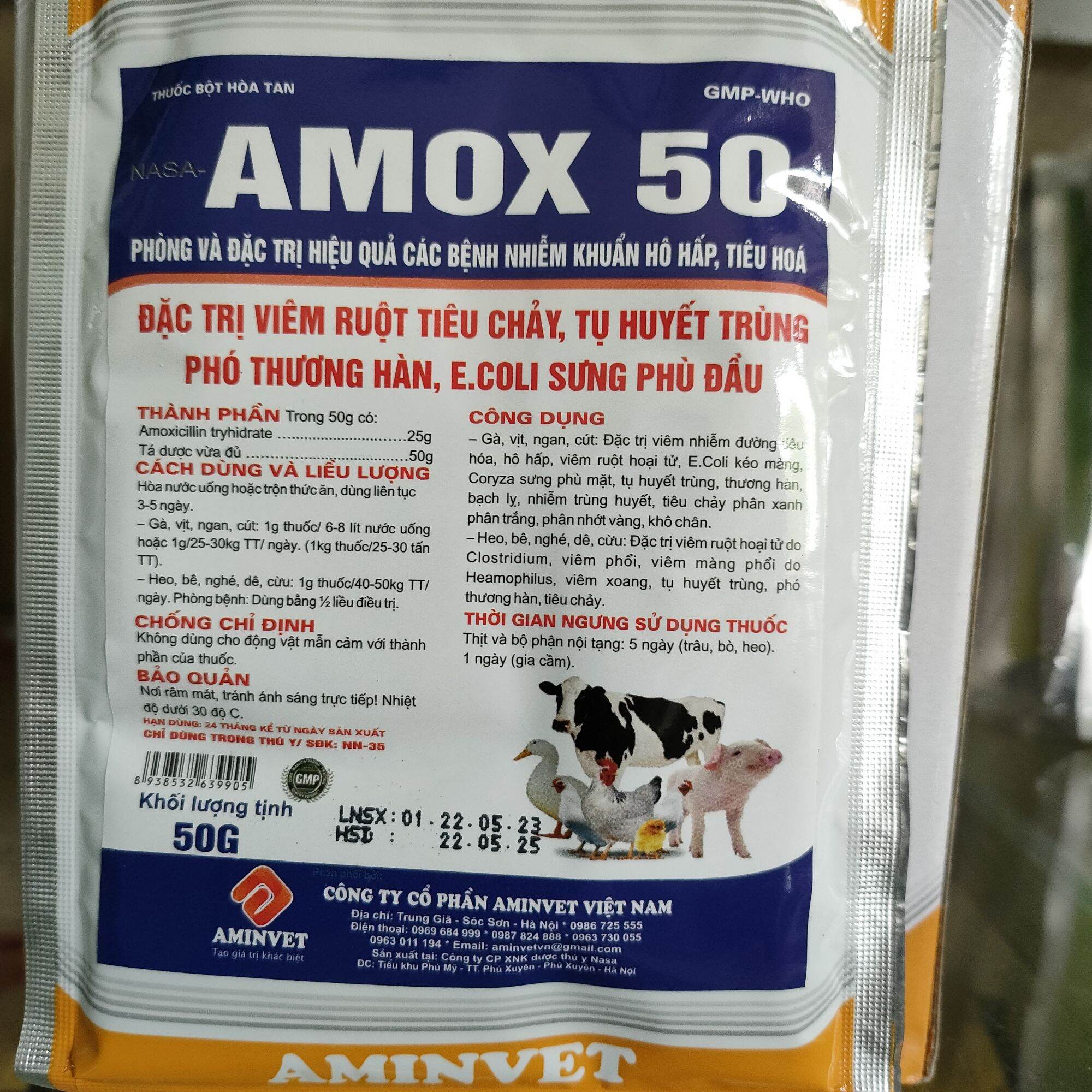 Amox 50% 50g vật nuôi bị tiêu chảy, hô hấp, tụ huyết trùng, toi, viêm ruột hoại tử