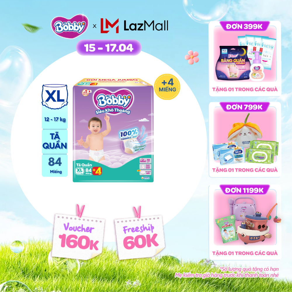 [CHỈ 18-24.04 QT Đơn 899K/1199K] Tã/bỉm quần Bobby 3mm Mega Jumbo Gạo non Giảm nhiệt XL84