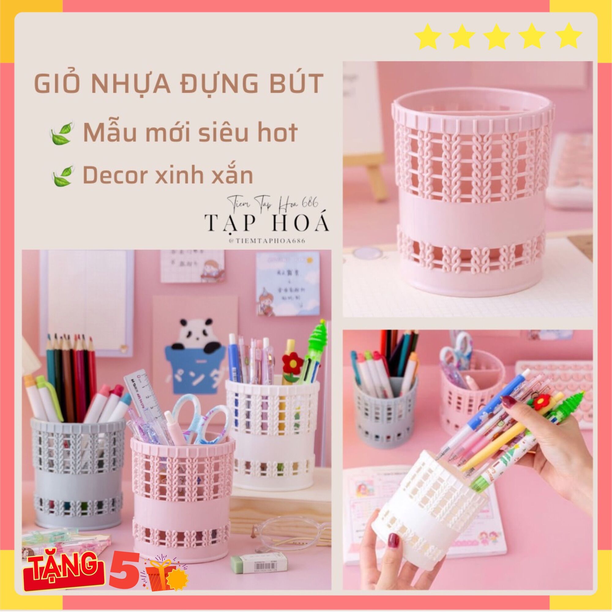 Giỏ nhựa đựng bút hình tròn 💥SALE💥 ống bút để bàn thiết kế đục lỗ đơn giản, tiện dụng PK142